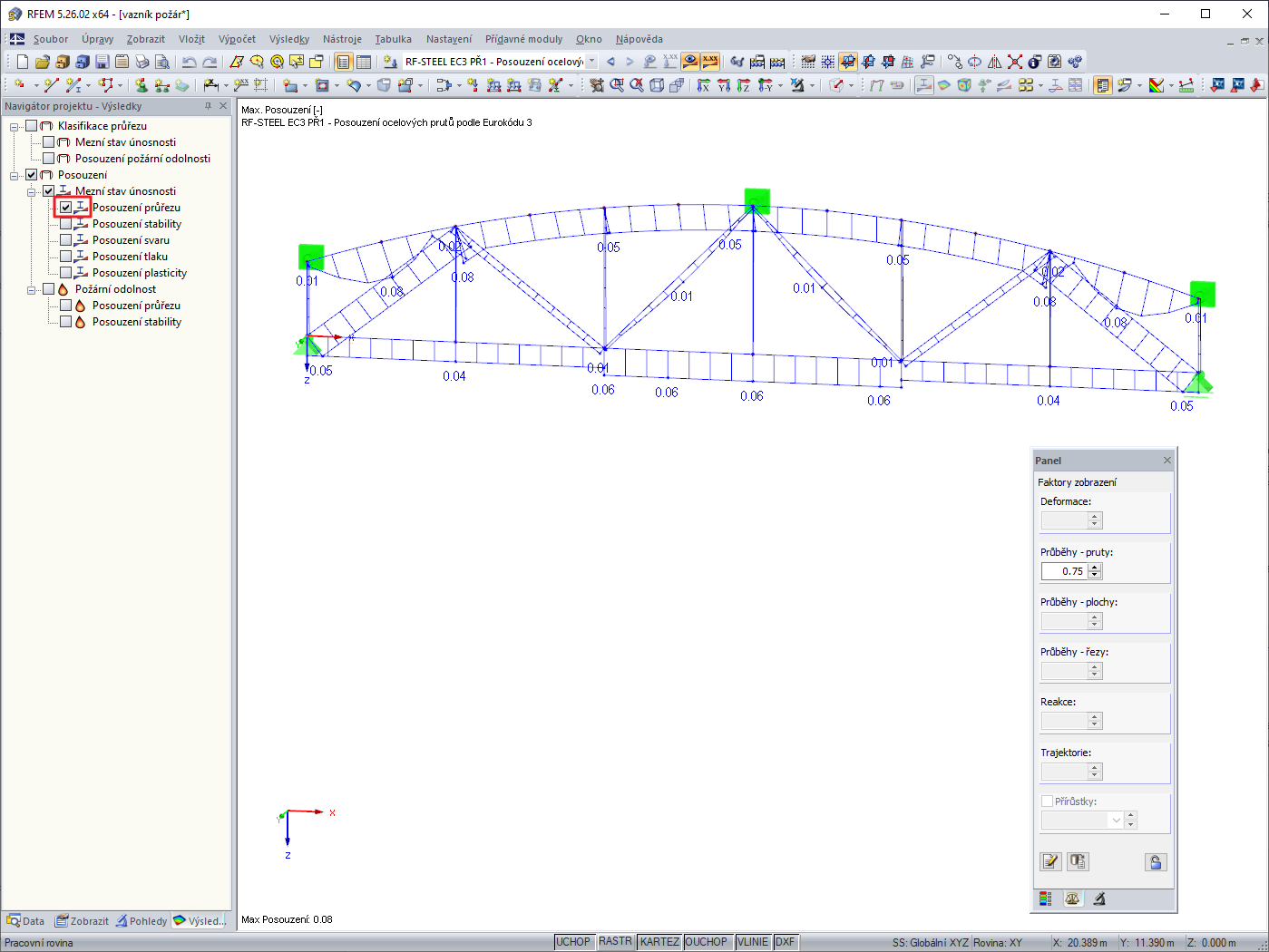 Zaškrtávací políčko Viditelné pruty při aktivaci