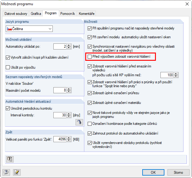 Možnosti programu: Před výpočtem nezobrazovat varovné zprávy