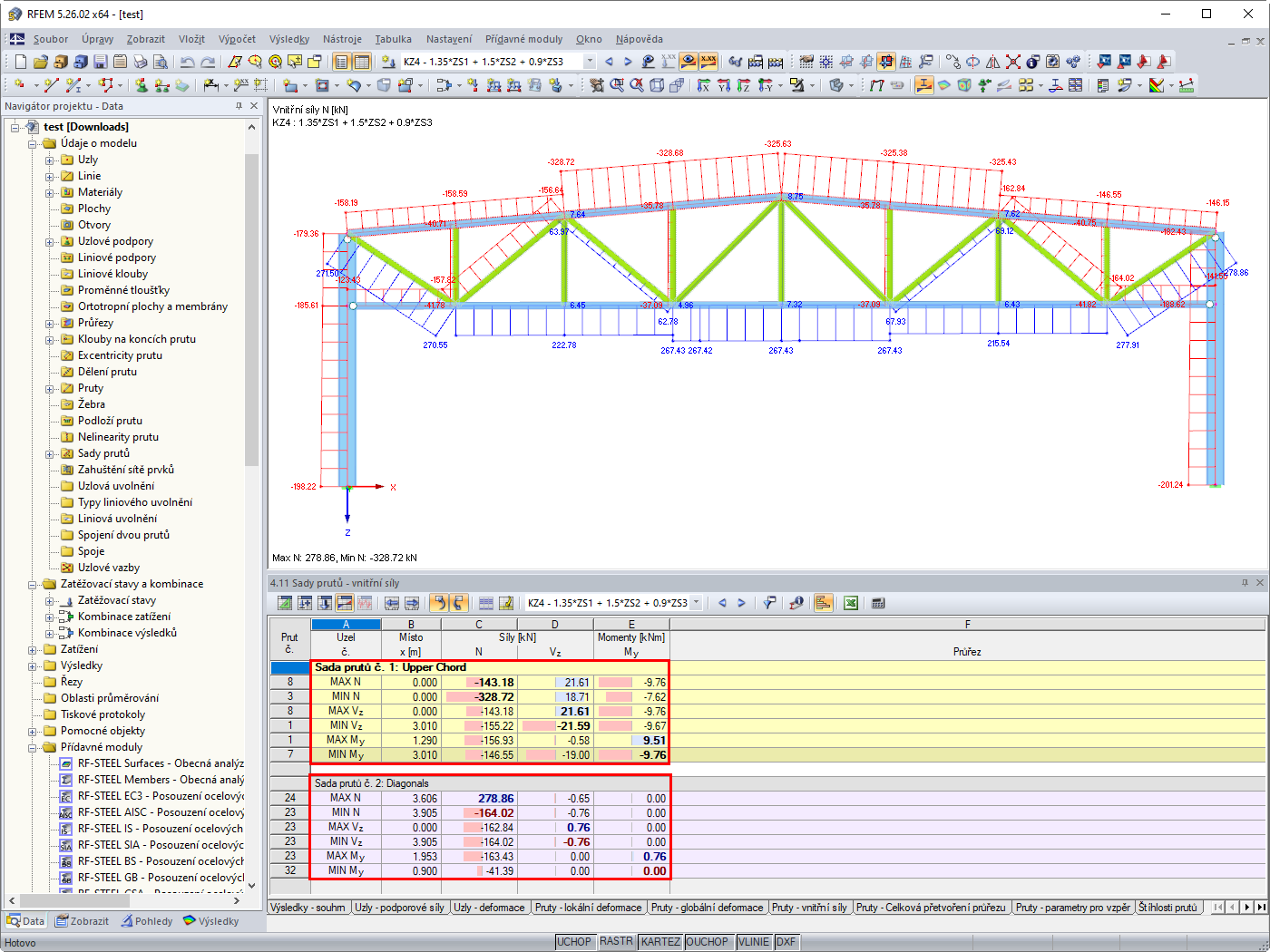Vnitřní síly pro horní pásnici a diagonální diagonály