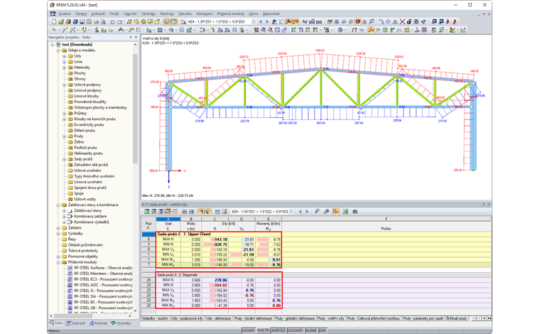 Vnitřní síly pro horní pásnici a diagonální diagonály