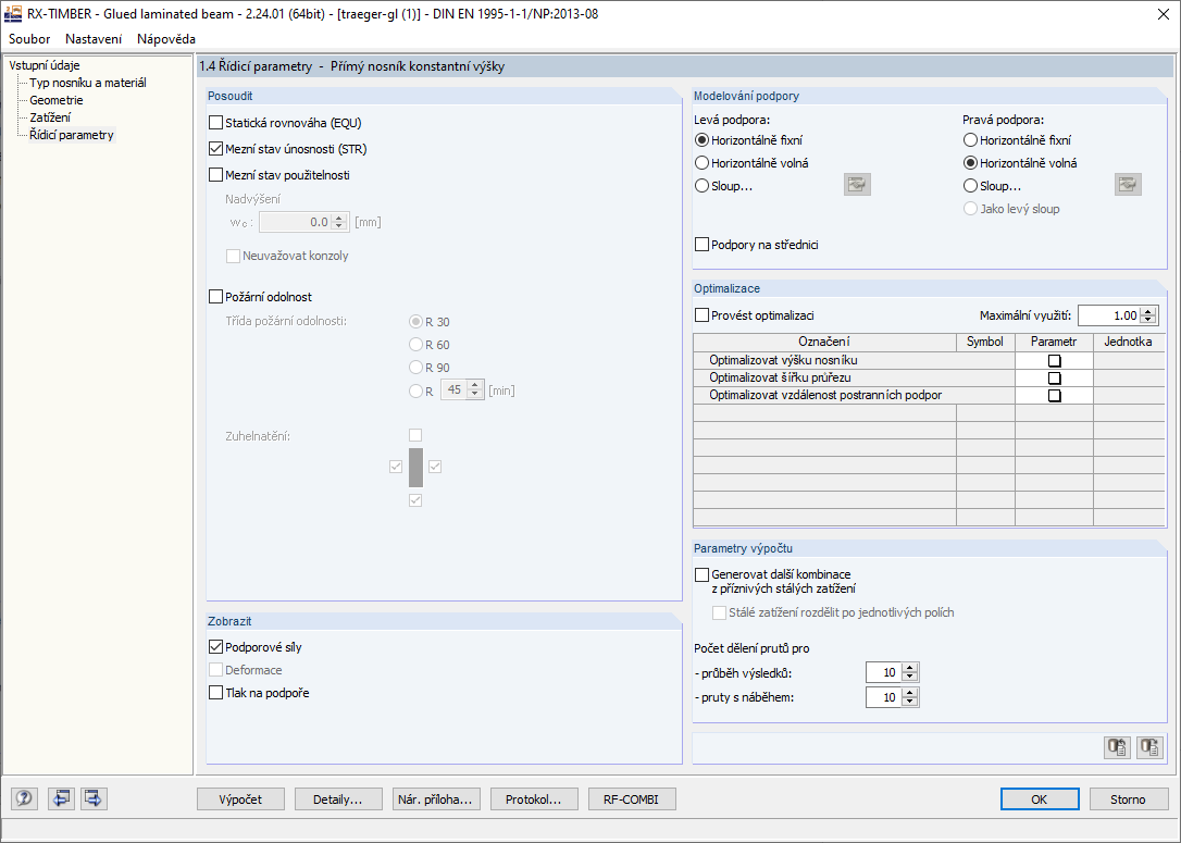Kontrolní parametry RX-TIMBER