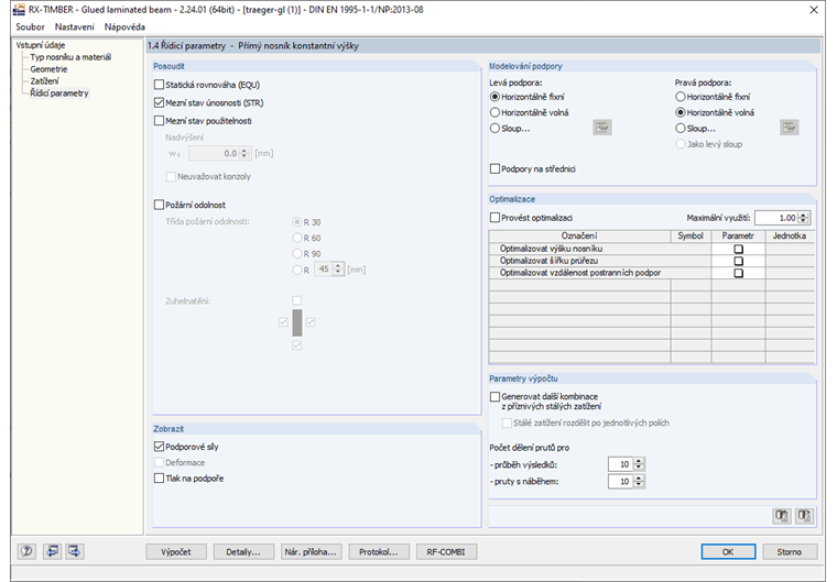 Kontrolní parametry RX-TIMBER