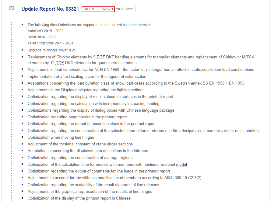 Příklad aktualizační zprávy pro RFEM a RF-PUNCH Pro