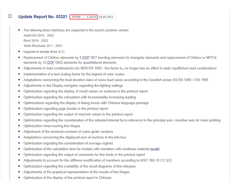 Příklad aktualizační zprávy pro RFEM a RF-PUNCH Pro