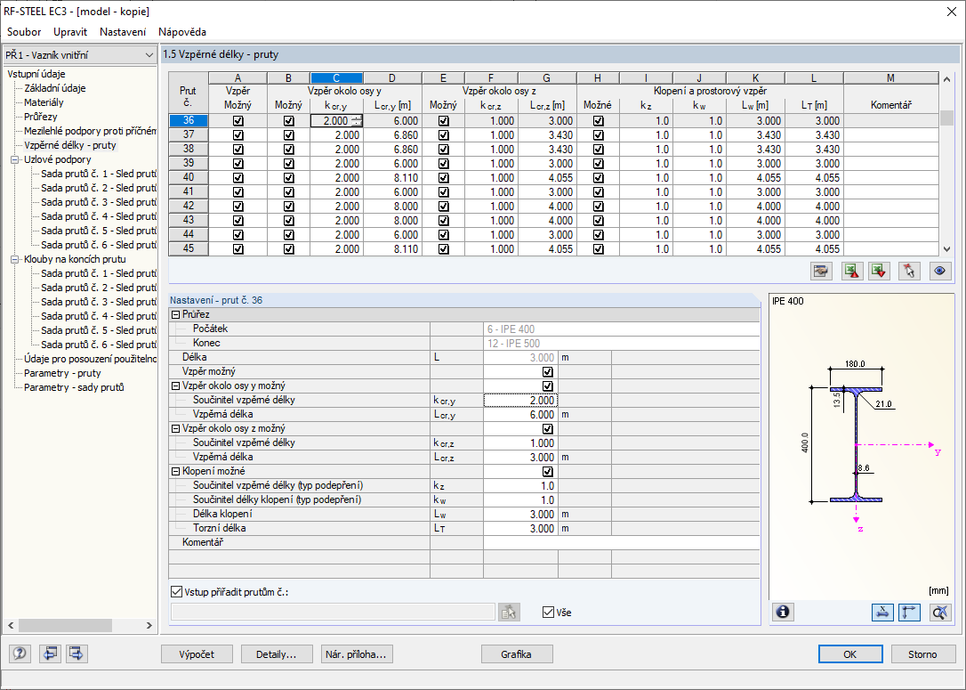 Zadání prutu např. pro vzpěrné délky v přídavném modulu RF-/STEEL EC3
