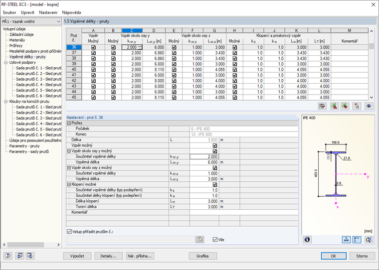 Zadání prutu např. pro vzpěrné délky v přídavném modulu RF-/STEEL EC3