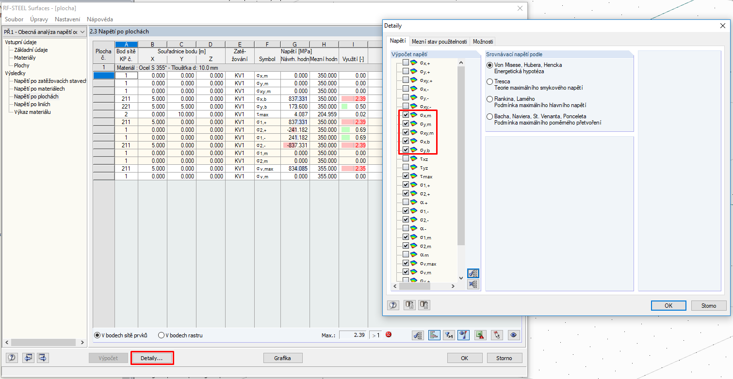 Membránová, ohybová či další napětí lze v RF-STEEL Surfaces zapnout pomocí ikony Detaily.