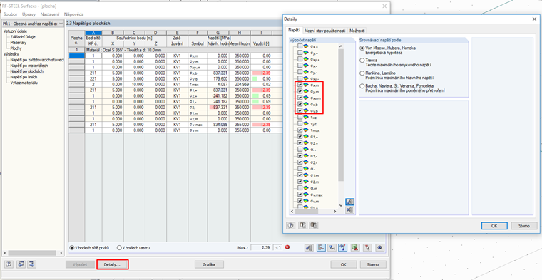 Membránová, ohybová či další napětí lze v RF-STEEL Surfaces zapnout pomocí ikony Detaily.
