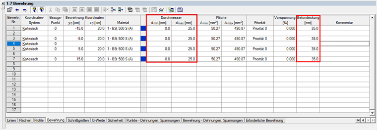 Výztužná ocel se zadáním možných průměrů a krytí betonu