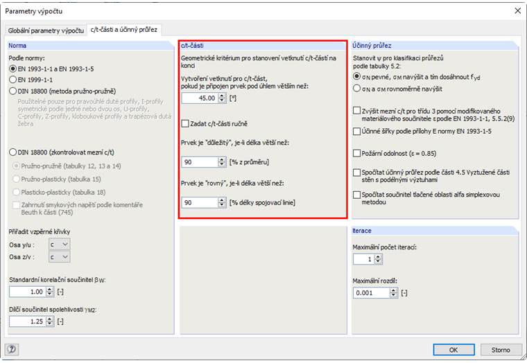Dialog "Parametry výpočtu", záložka "c/t-části a účinný průřez"