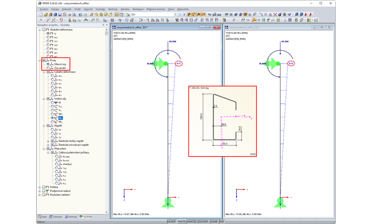 Zobrazení vnitřních sil pro různé osy