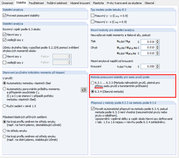Metoda náhradního prutu a obecná metoda (přednastaveno)
