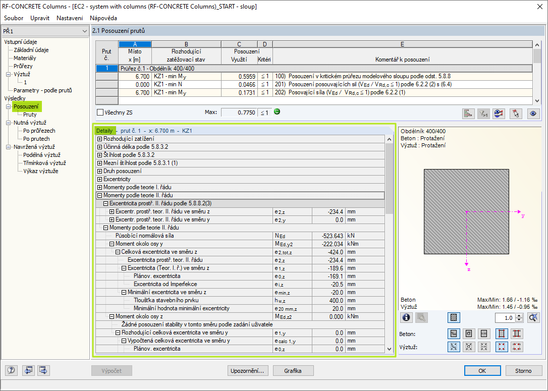 Podrobné výsledky metody jmenovité křivosti (5.8.8)