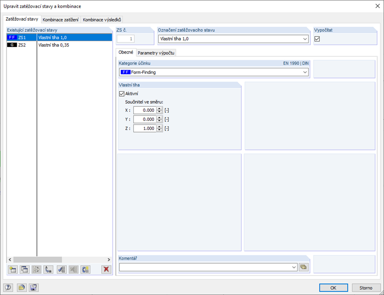 Vytvoření samostatného zatěžovacího stavu s vlastní tíhou