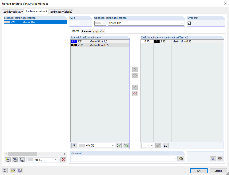 Vytvoření kombinace zatížení