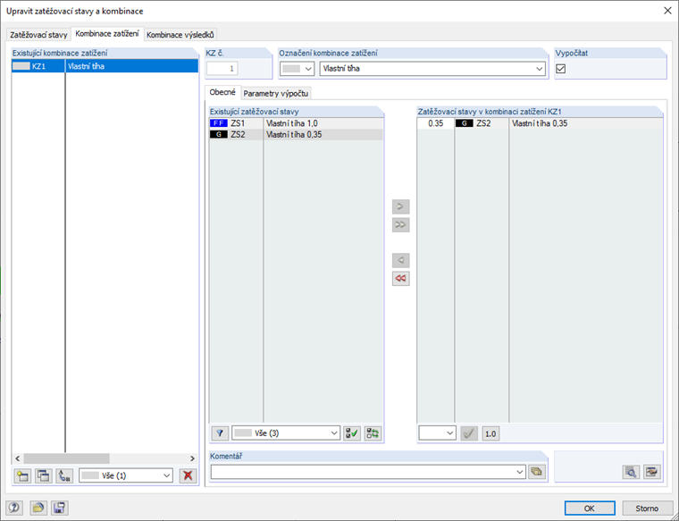 Vytvoření kombinace zatížení