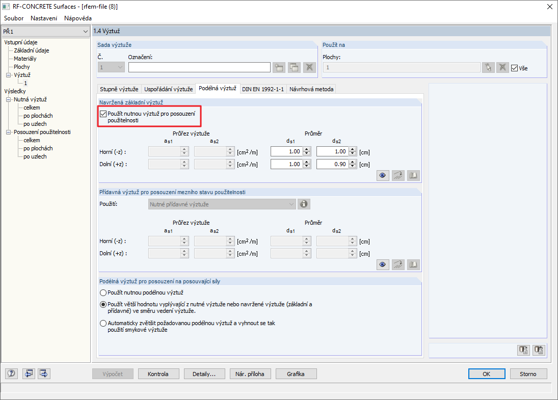 Možnost "Použít nutnou výztuž pro posouzení použitelnosti"