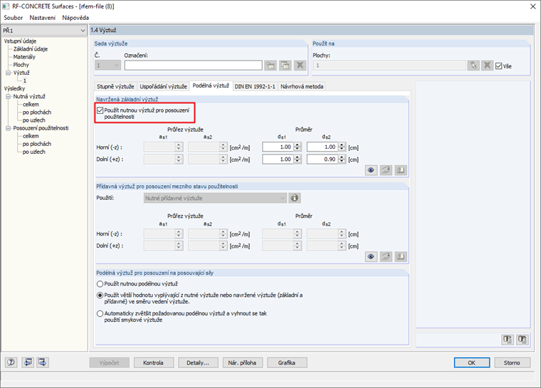 Možnost "Použít nutnou výztuž pro posouzení použitelnosti"