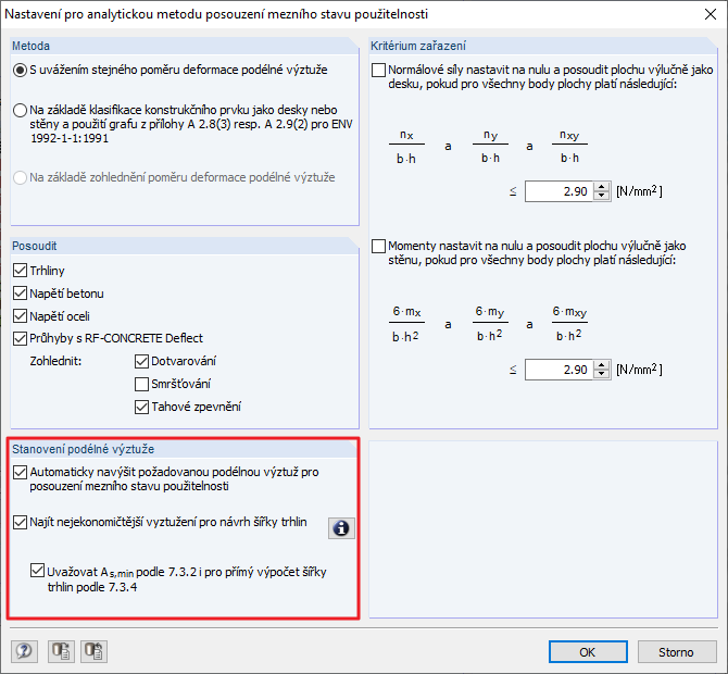 Možnost "Automaticky navýšit požadovanou podélnou výztuž pro posouzení mezního stavu použitelnosti"