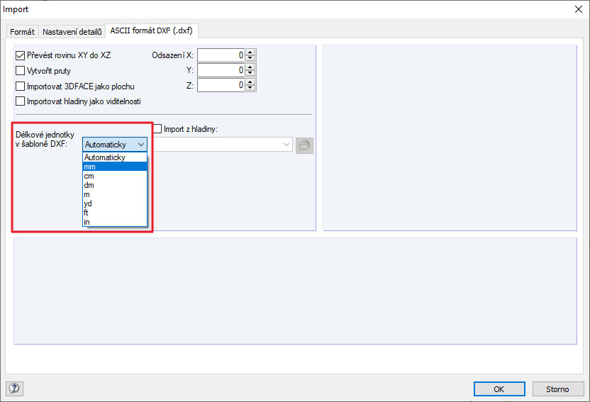 Záložka dialogu "ASCII formát DXF (*.dxf)"
