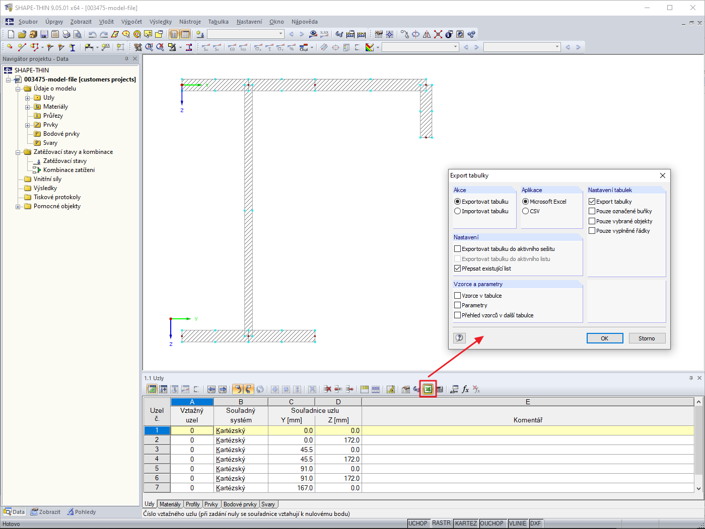 Dialog Tabelle exportieren