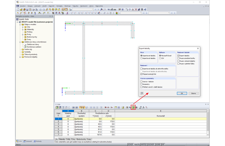 Dialog Tabelle exportieren