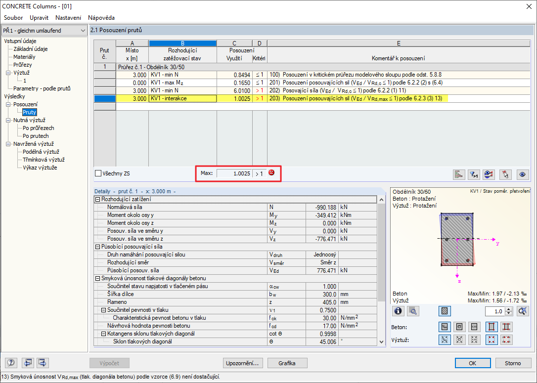 Překročení VRd, max a zobrazení návrhového kritéria VEd/VRd, c