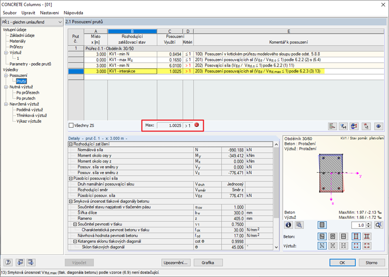 Překročení VRd, max a zobrazení návrhového kritéria VEd/VRd, c