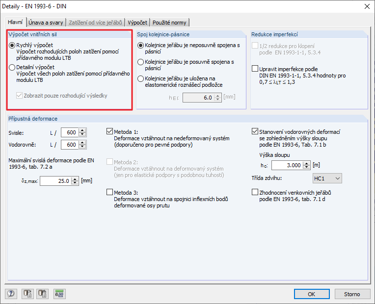 Výběr metody výpočtu pro stanovení vnitřních sil