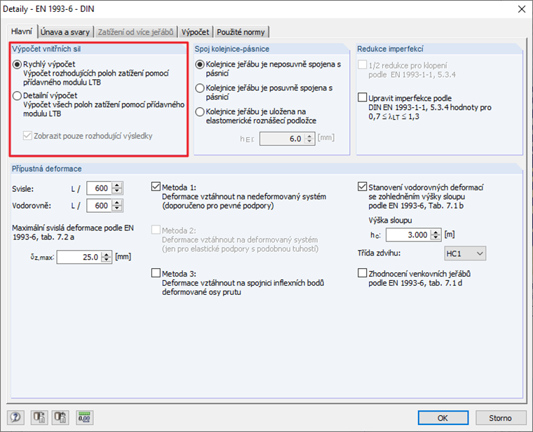 Výběr metody výpočtu pro stanovení vnitřních sil