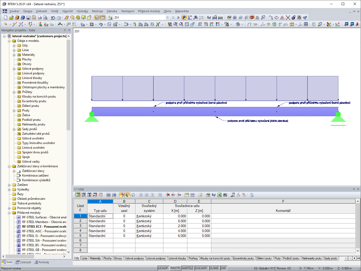 Model v programu RFEM s uspořádáním podpor proti příčnému posunutí