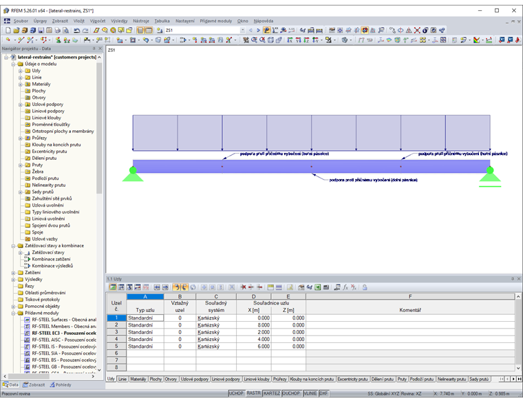 Model v programu RFEM s uspořádáním podpor proti příčnému posunutí