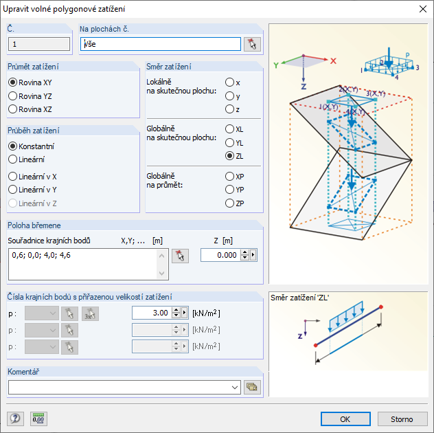 Dialog "Volné zatížení na plochu"