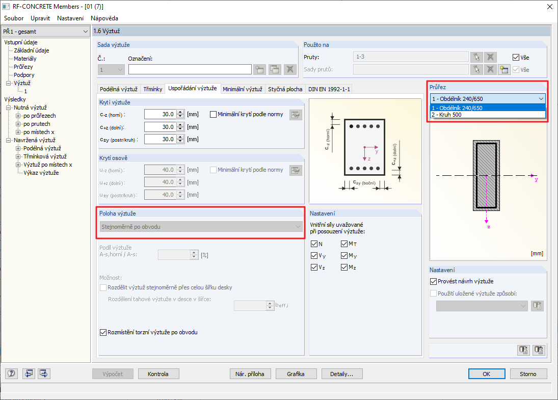 Kruhové a obdélníkové průřezy ve skupině výztuží
