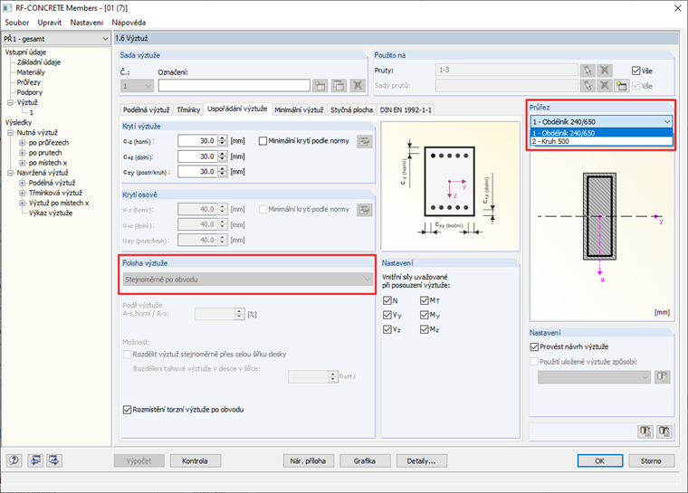 Kruhové a obdélníkové průřezy ve skupině výztuží