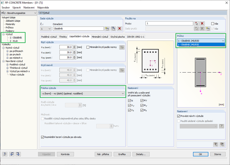 Kruhové a obdélníkové průřezy v sadách samostatných výztuží