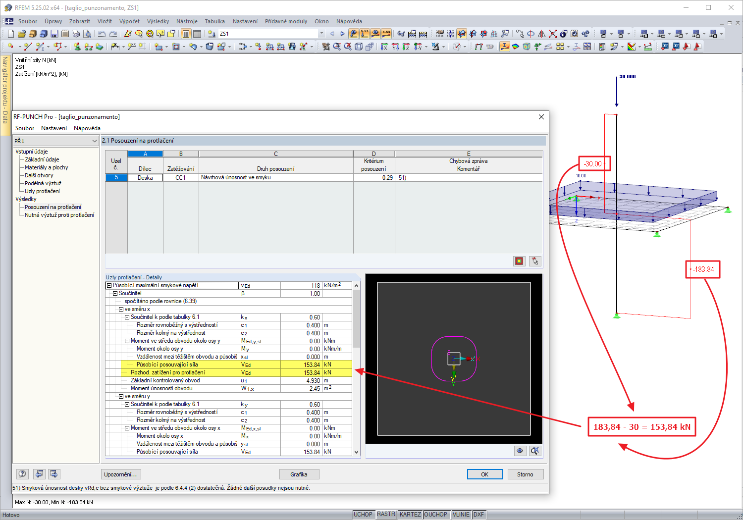 Smyková síla na protlačení stanovená pro zatěžovací stav