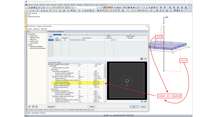 Smyková síla na protlačení stanovená pro zatěžovací stav