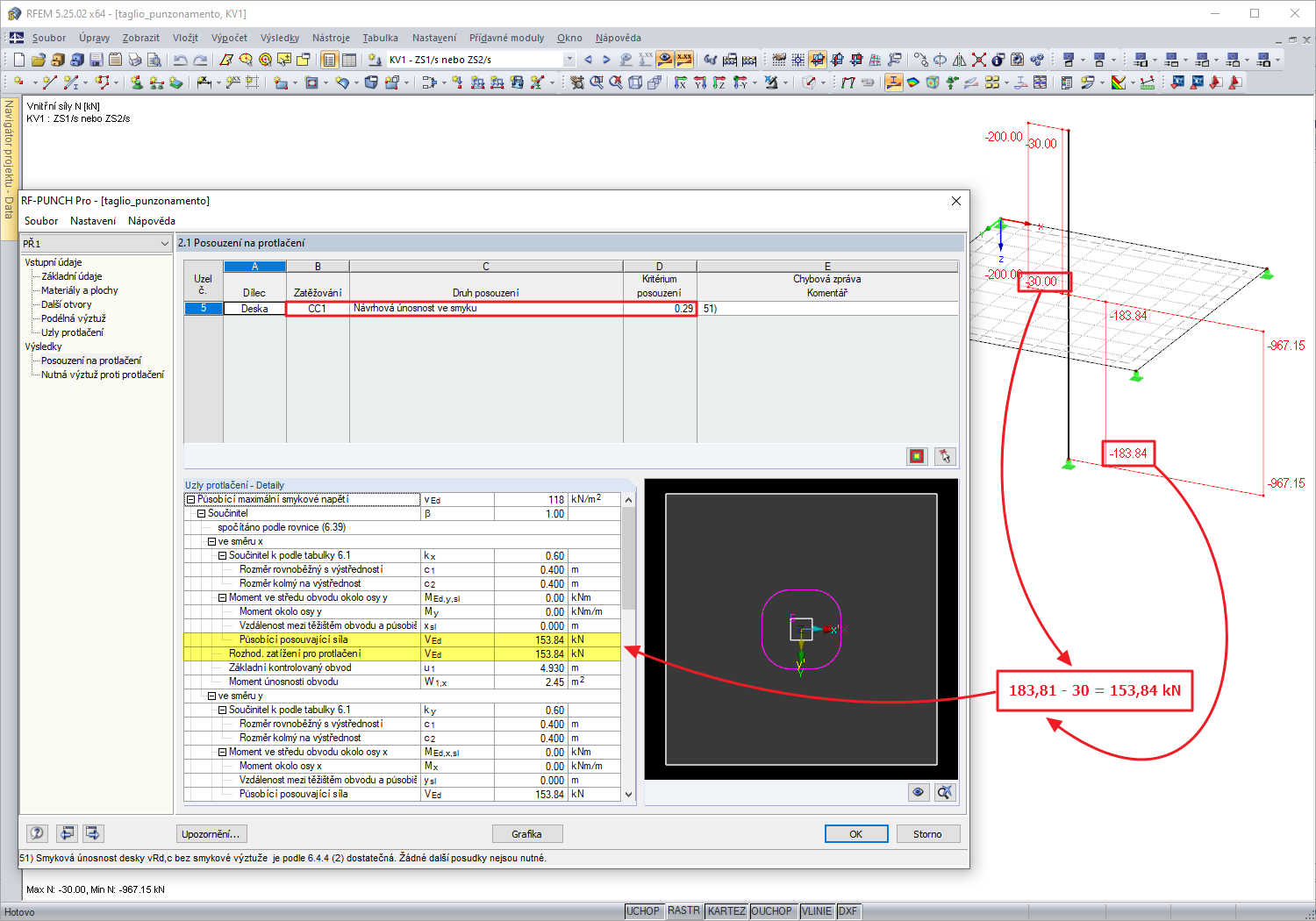 Rozhodující smyková síla na protlačení pro kombinaci výsledků - případ 1