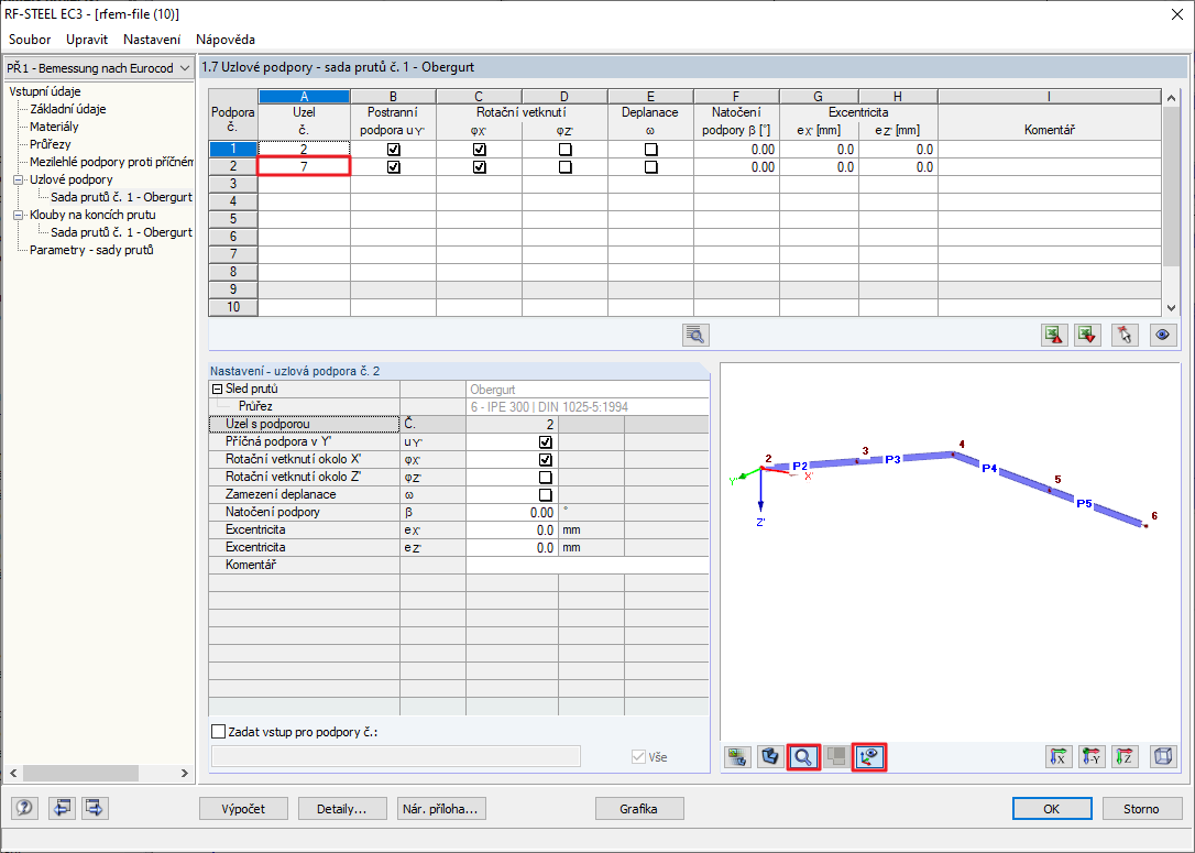 Zobrazení aktuální sady prutů s číslováním uzlů