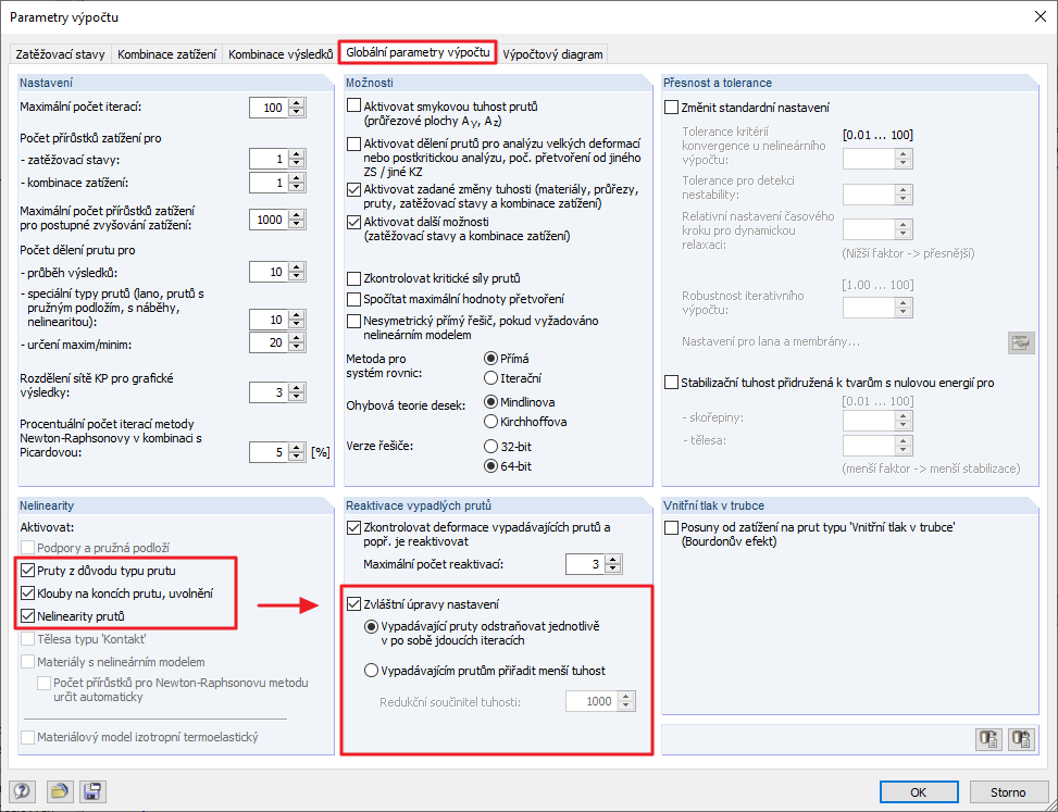 Výjimečné zpracování prutů v globálních parametrech výpočtu