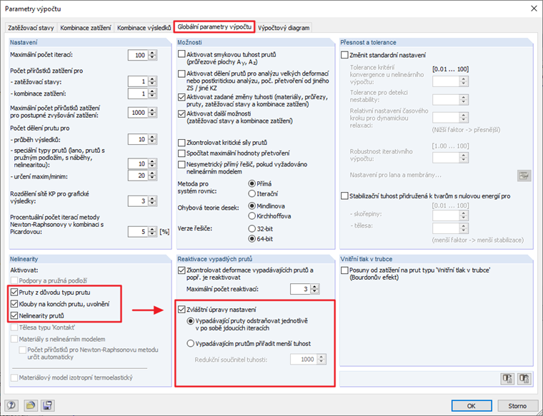 Výjimečné zpracování prutů v globálních parametrech výpočtu