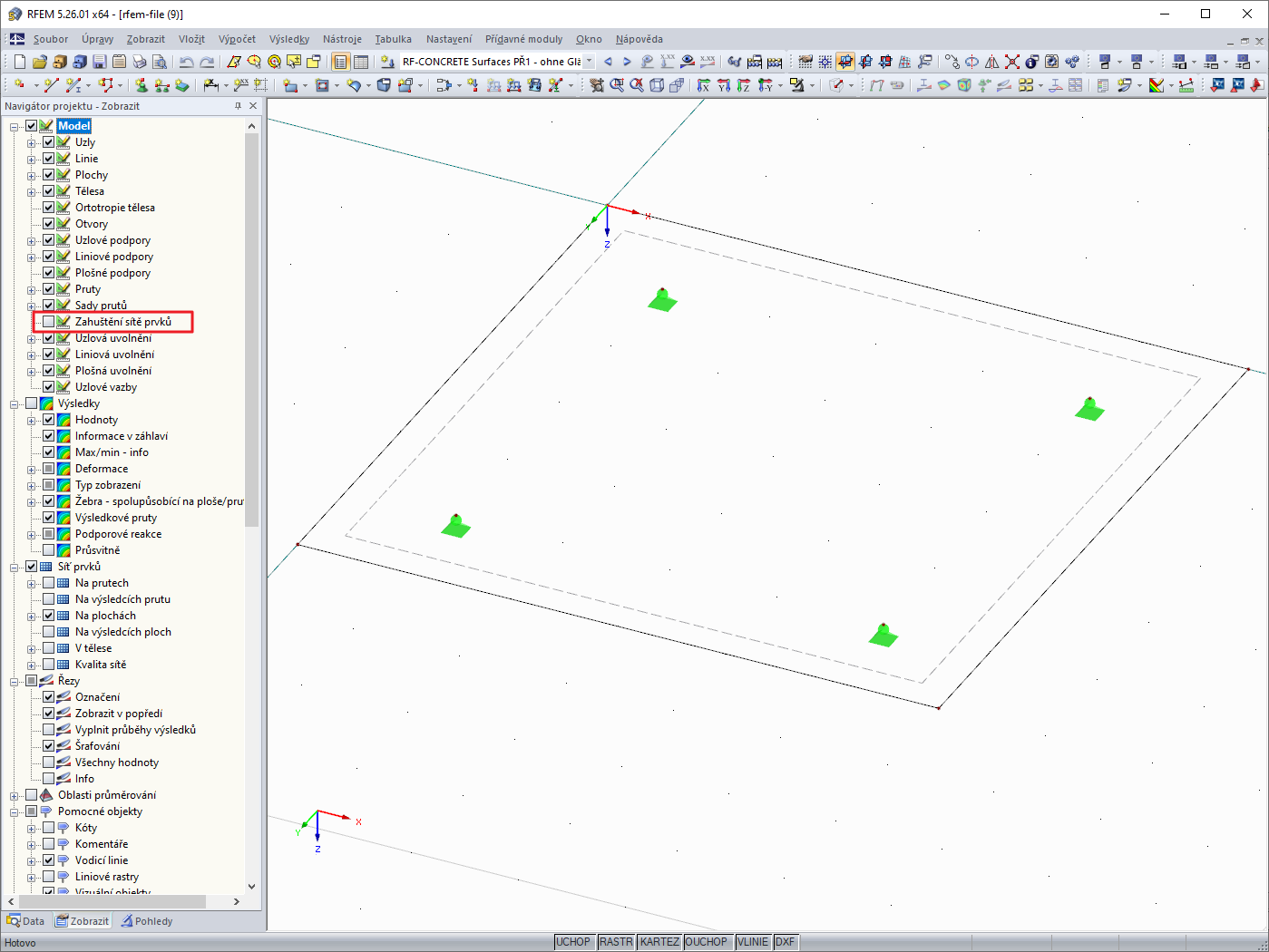 Navigátor Zobrazit s deaktivovaným zobrazením zahuštění sítě konečných prvků