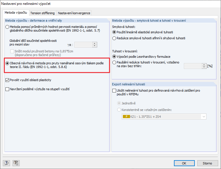 Dialog "Nastavení pro nelineární výpočet": Obecná metoda pro tlačené pruty