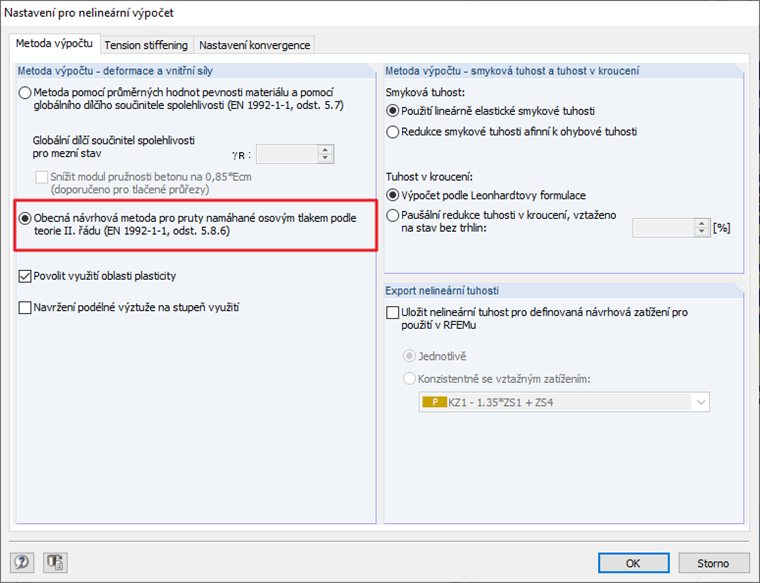 Dialog "Nastavení pro nelineární výpočet": Obecná metoda pro tlačené pruty