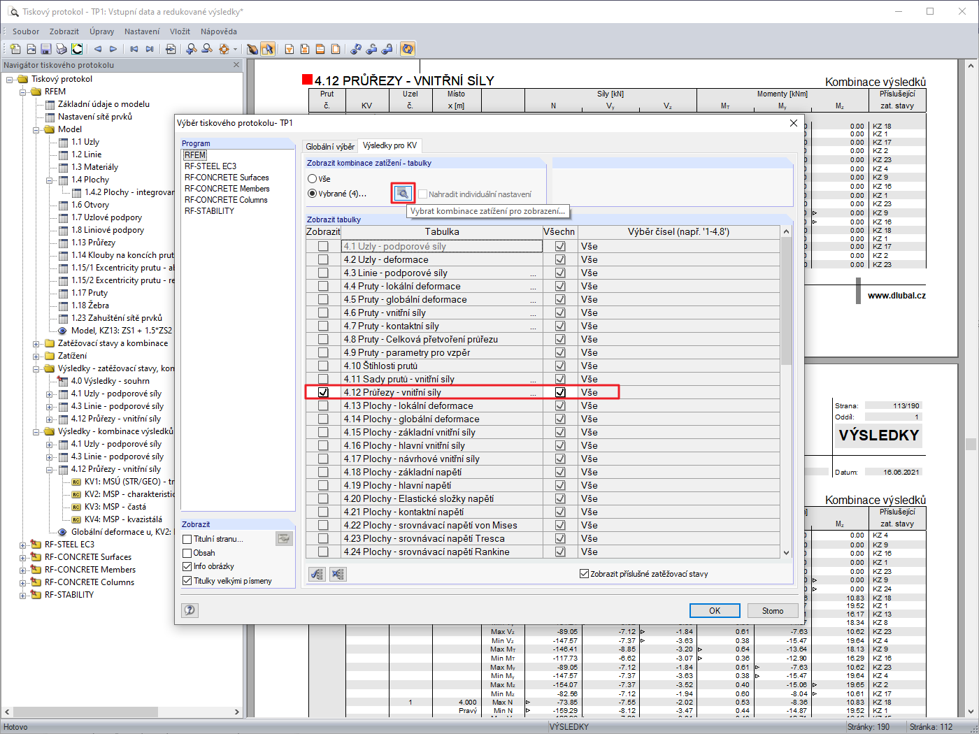Výběr zatěžovacích stavů pro zobrazení