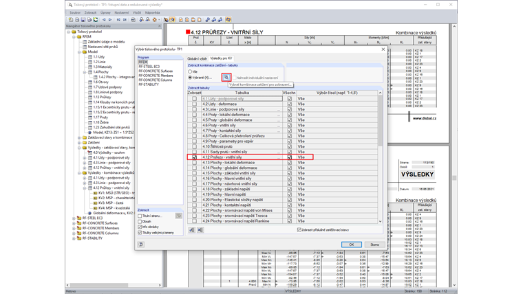 Výběr zatěžovacích stavů pro zobrazení