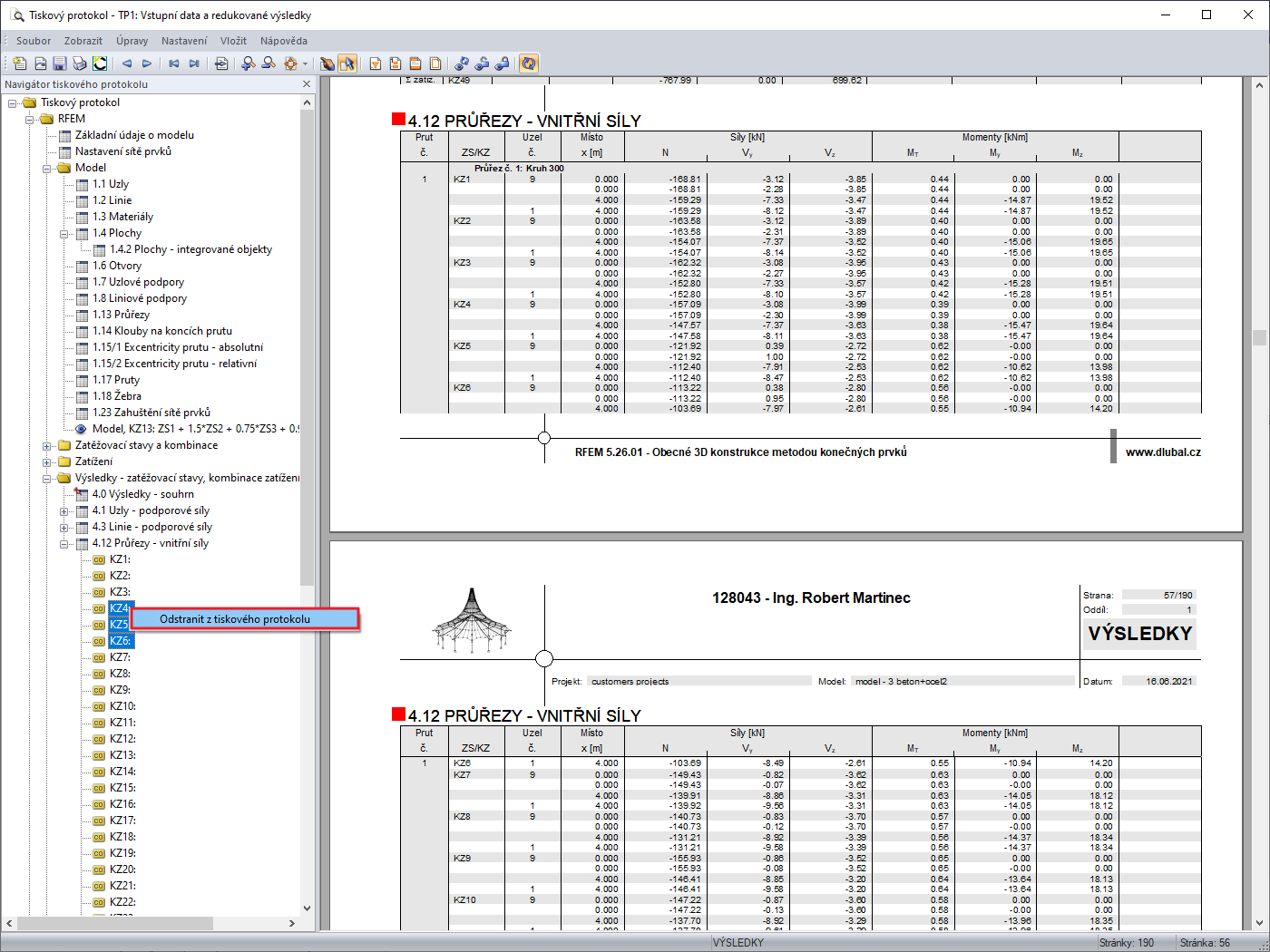 Odstranění výsledků jednotlivých zatěžovacích stavů z tiskového protokolu