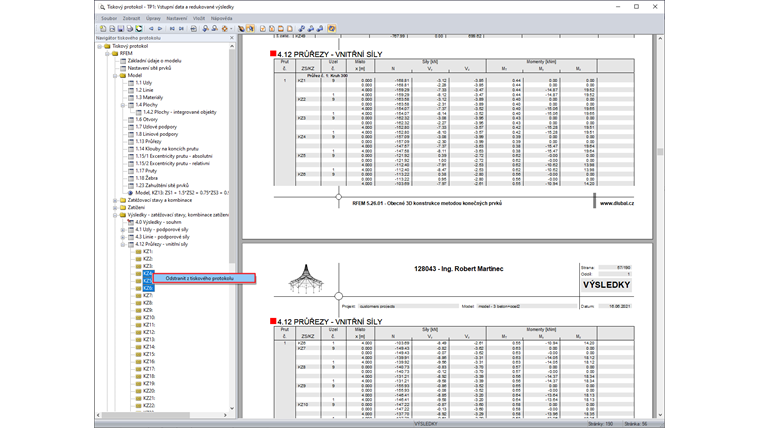 Odstranění výsledků jednotlivých zatěžovacích stavů z tiskového protokolu