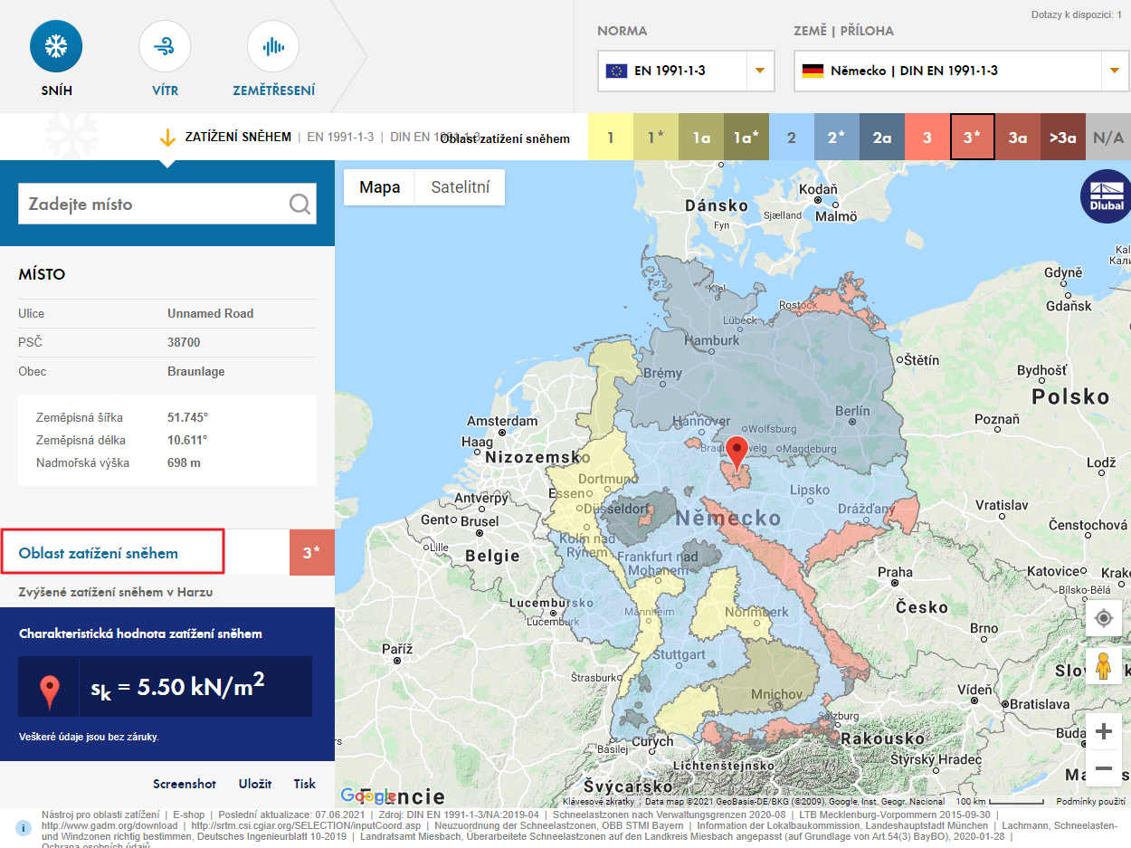 Online služba společnosti Dlubal Software: Zatížení sněhem